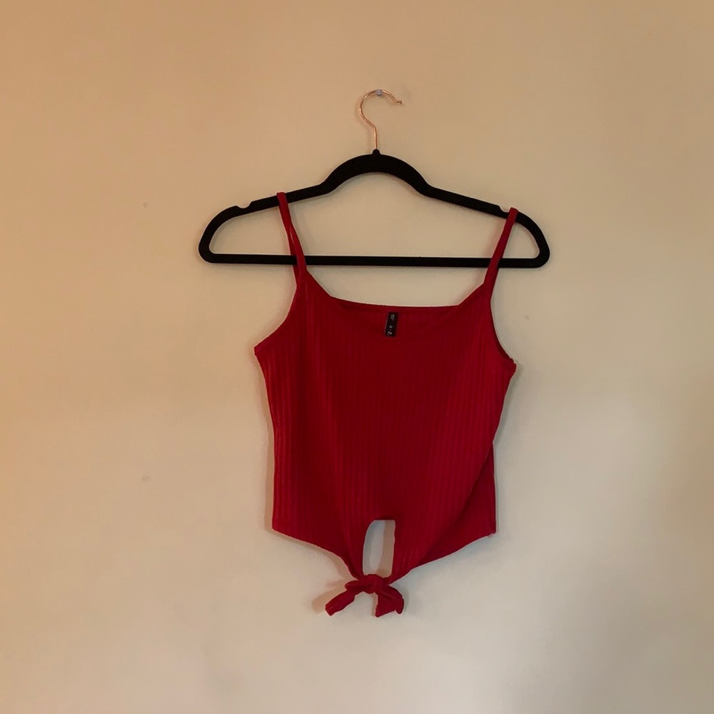 red crop top that has a tie in the front